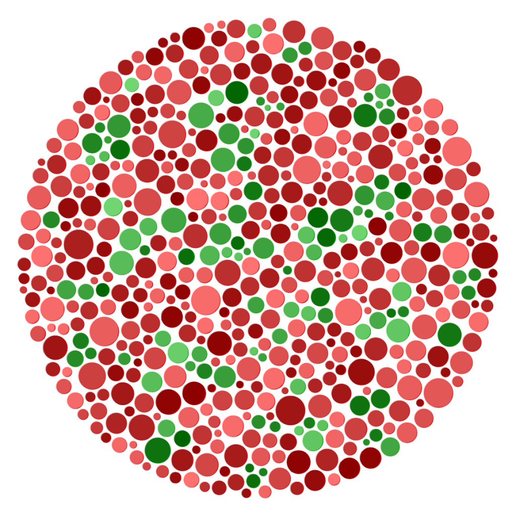 Eine Ishihara-Testtafel: Kreisform mit verschiedenen roten und grünen Punkten in vielen Größen. Nur sind die Punkte so angeordnet, dass auch voll farbsehende keinen Sinn darin erkennen können. 